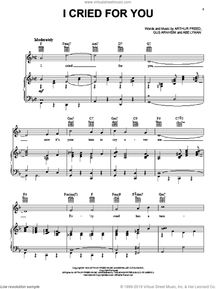 I Cried For You sheet music for voice, piano or guitar by Abe Lyman, Arthur Freed and Gus Arnheim, intermediate skill level