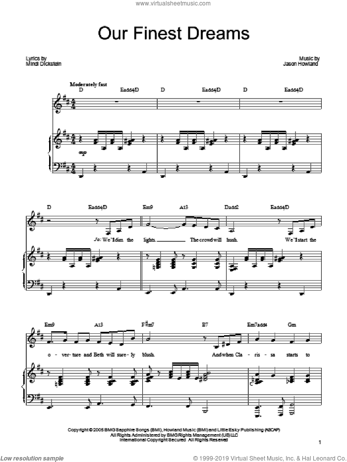 Our Finest Dreams sheet music for voice, piano or guitar by Mindi Dickstein and Jason Howland, intermediate skill level