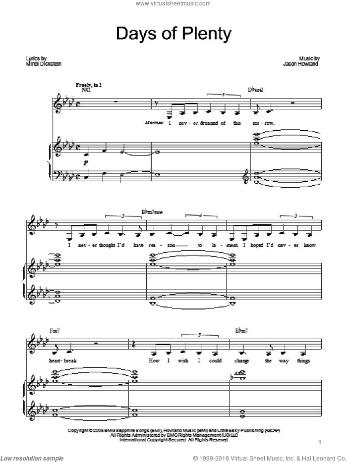 Days Of Plenty sheet music for voice, piano or guitar by Mindi Dickstein and Jason Howland, intermediate skill level