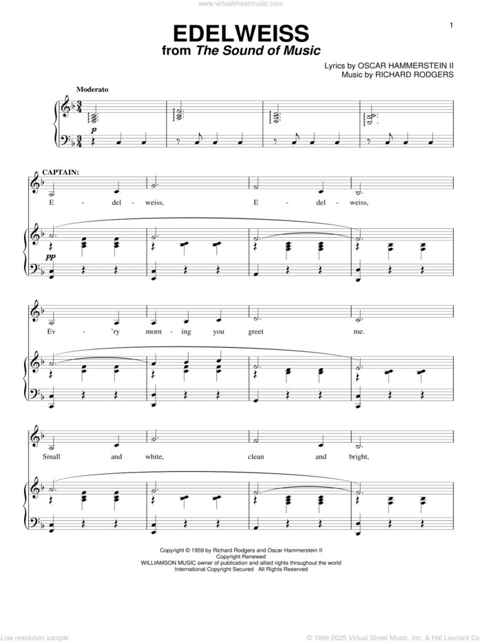 Edelweiss sheet music for voice and piano by Rodgers & Hammerstein, The Sound Of Music (Musical), Oscar II Hammerstein and Richard Rodgers, intermediate skill level