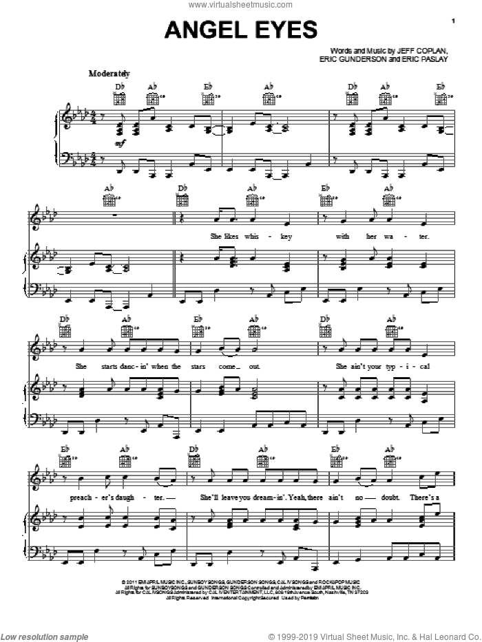 Angel Eyes sheet music for voice, piano or guitar by Love and Theft, Eric Gunderson, Eric Paslay and Jeff Coplan, intermediate skill level