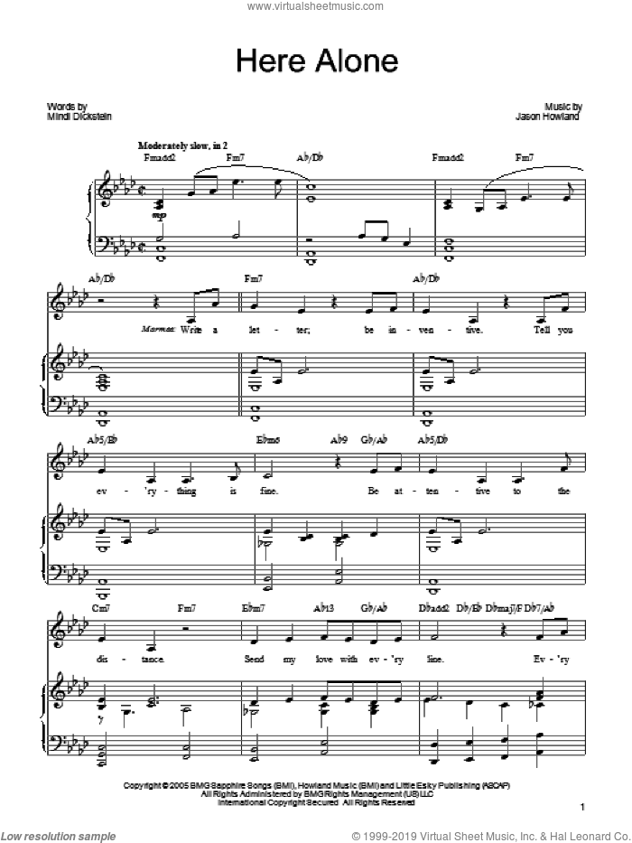 Here Alone sheet music for voice, piano or guitar by Mindi Dickstein and Jason Howland, intermediate skill level