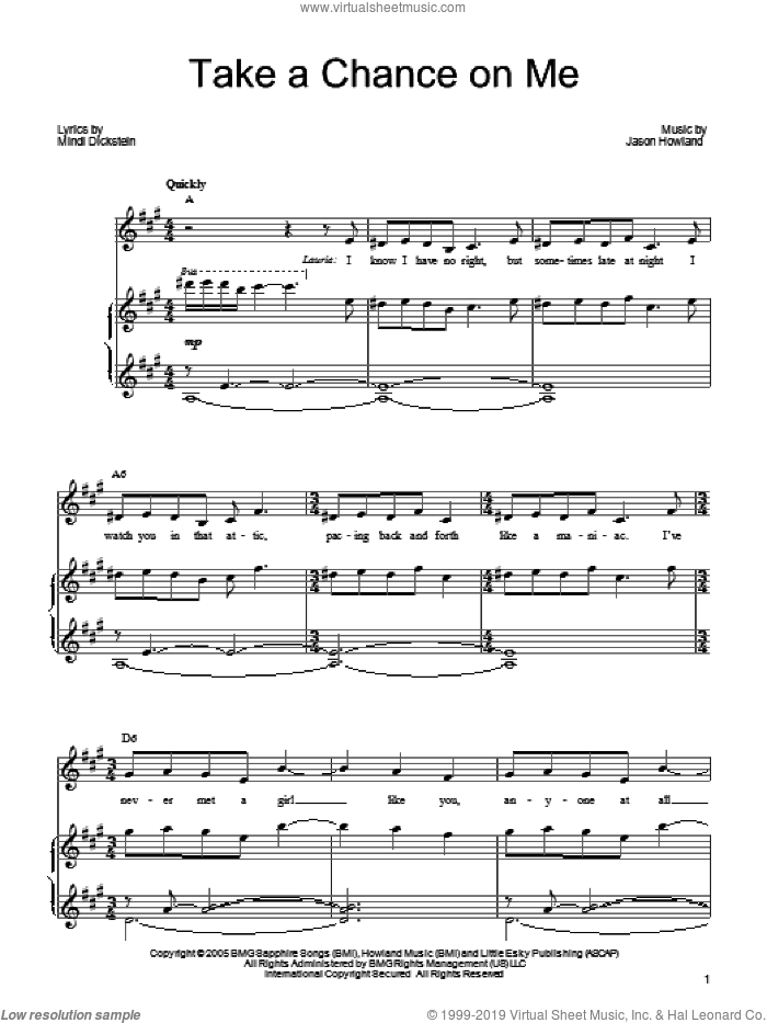 Take A Chance On Me sheet music for voice, piano or guitar by Mindi Dickstein and Jason Howland, intermediate skill level