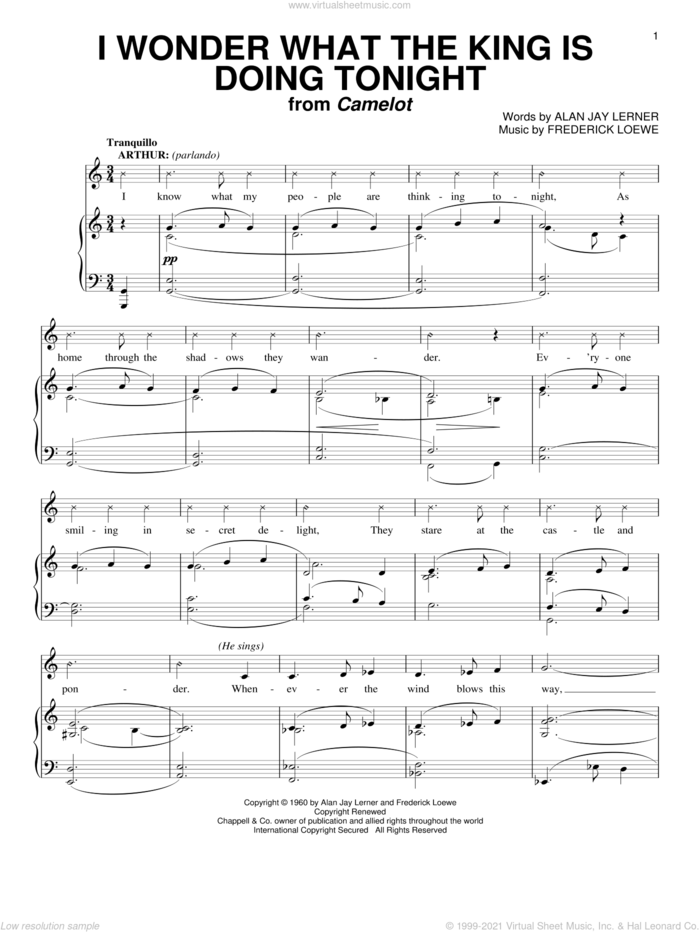 I Wonder What The King Is Doing Tonight sheet music for voice and piano by Lerner & Loewe, Alan Jay Lerner and Frederick Loewe, intermediate skill level