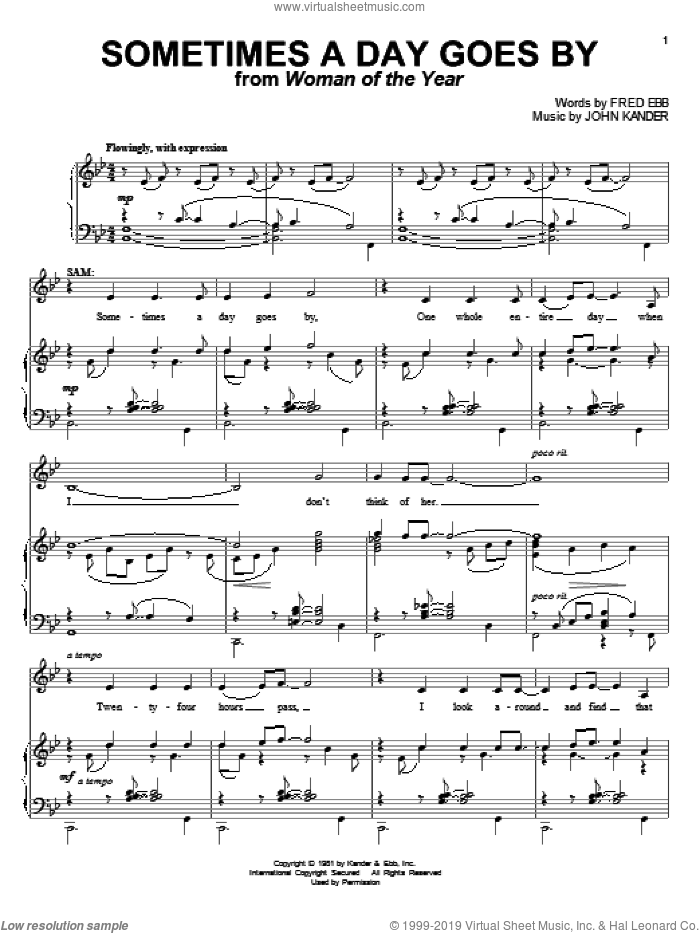 Sometimes A Day Goes By (from Woman Of The Year) sheet music for voice and piano by Kander & Ebb, Fred Ebb and John Kander, intermediate skill level