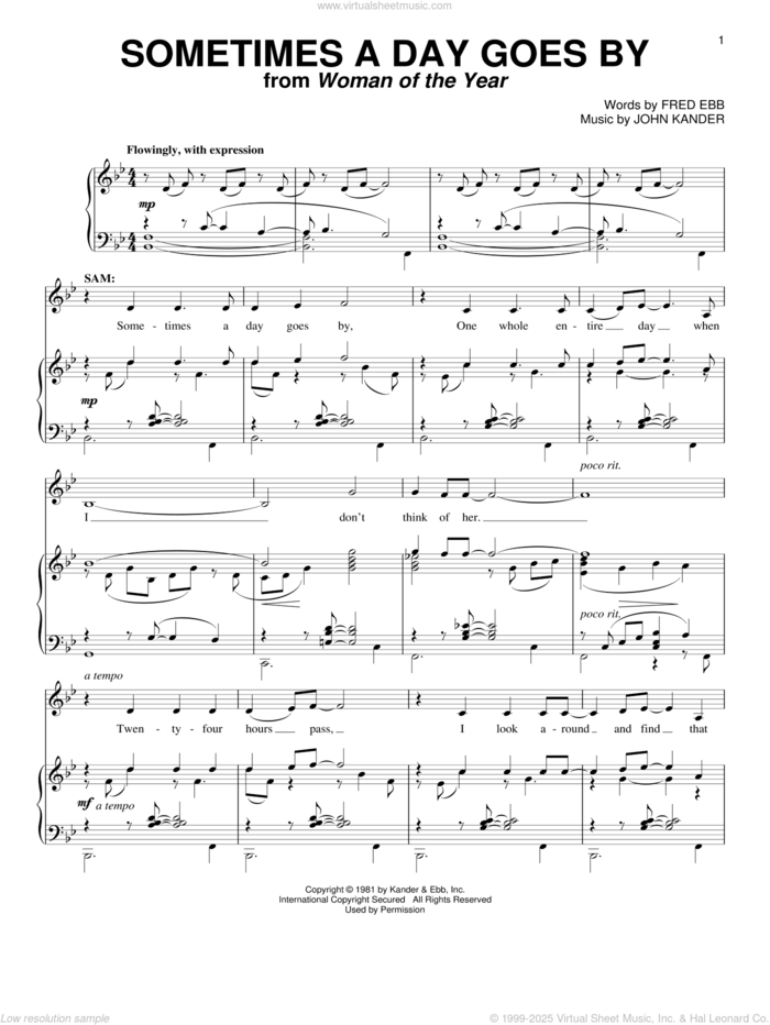 Sometimes A Day Goes By (from Woman Of The Year) sheet music for voice and piano by Kander & Ebb, Fred Ebb and John Kander, intermediate skill level