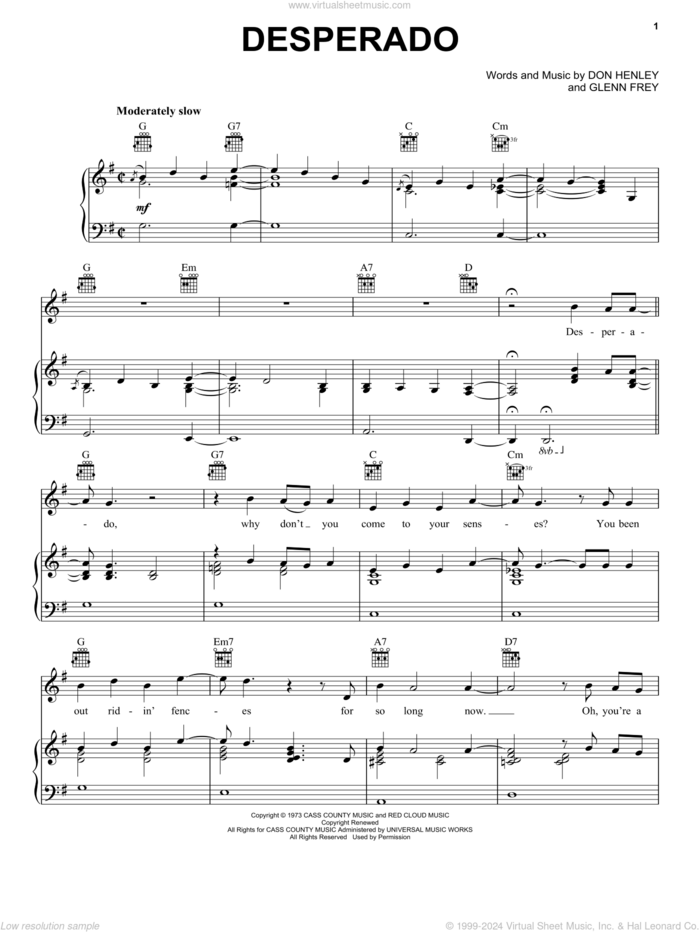 Desperado sheet music for voice, piano or guitar by The Eagles, Don Henley and Glenn Frey, intermediate skill level