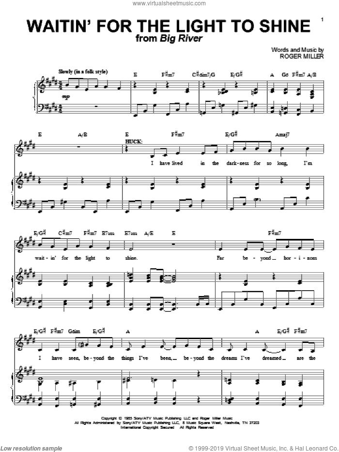 Waitin' For The Light To Shine sheet music for voice and piano by Roger Miller, intermediate skill level