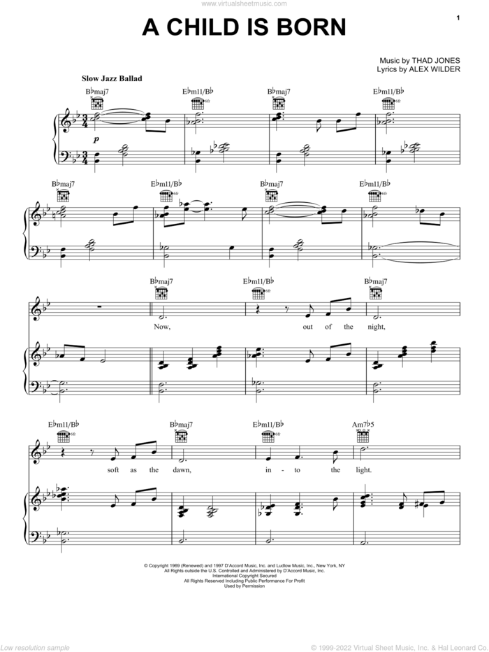 A Child Is Born sheet music for voice, piano or guitar by Thad Jones and Alec Wilder, intermediate skill level