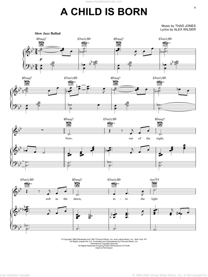 A Child Is Born sheet music for voice, piano or guitar by Thad Jones and Alec Wilder, intermediate skill level