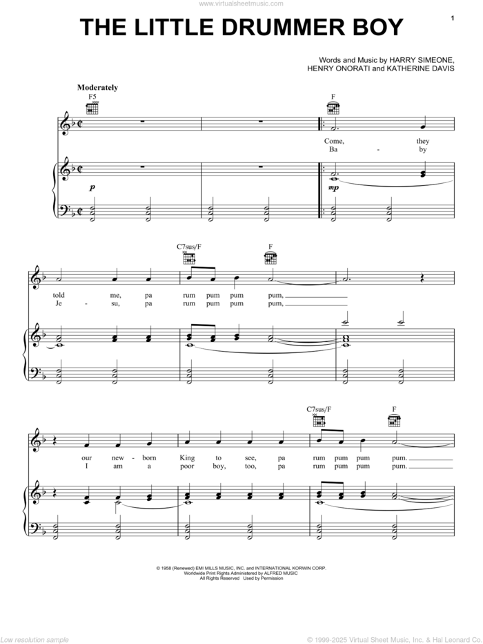 The Little Drummer Boy sheet music for voice, piano or guitar by Harry Simeone, Henry Onorati and Katherine Davis, intermediate skill level