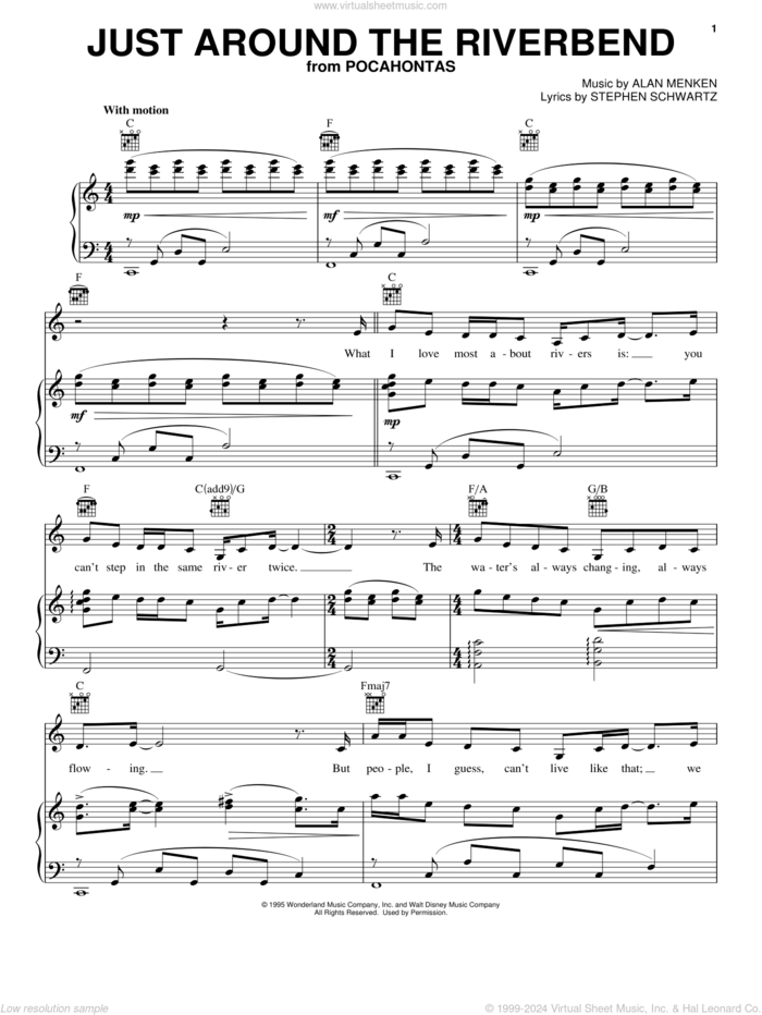 Just Around The Riverbend sheet music for voice, piano or guitar by Alan Menken, Judy Kuhn and Stephen Schwartz, intermediate skill level