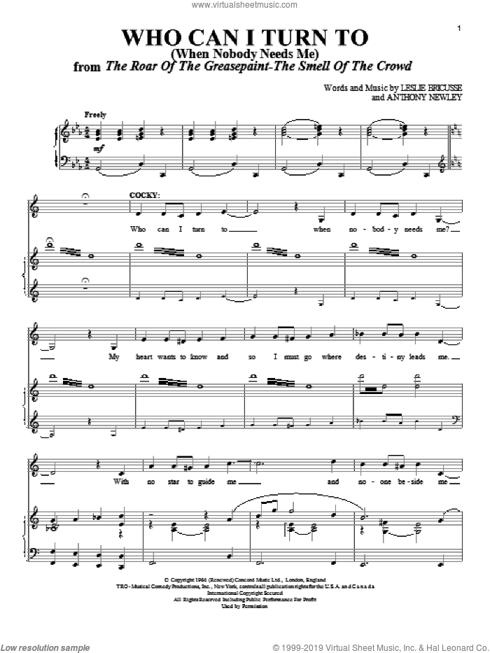 Who Can I Turn To (When Nobody Needs Me) sheet music for voice and piano by Tony Bennett, Anthony Newley and Leslie Bricusse, intermediate skill level