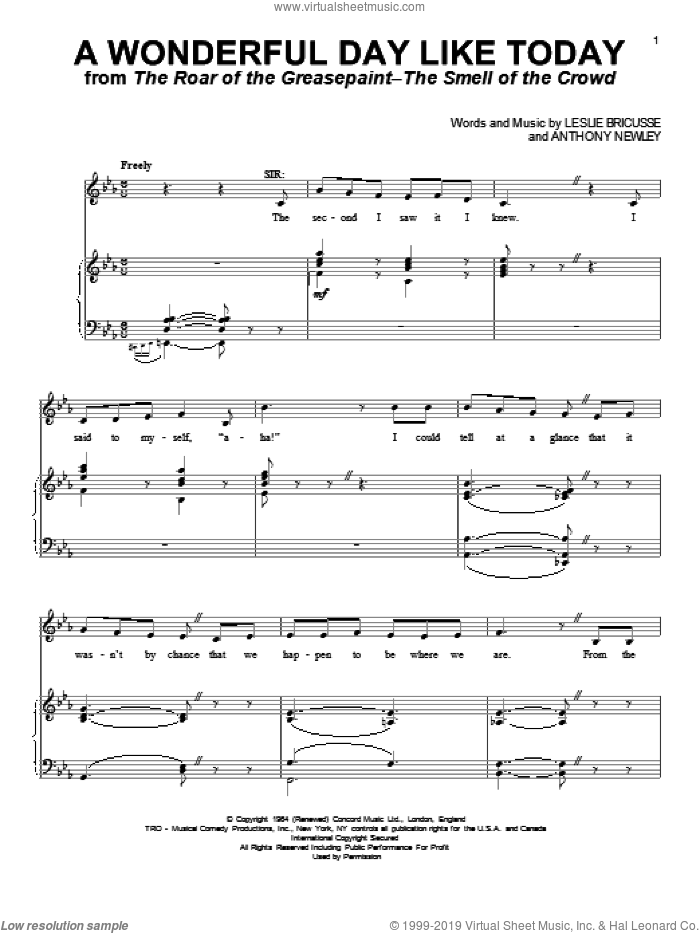A Wonderful Day Like Today sheet music for voice and piano by Leslie Bricusse and Anthony Newley, intermediate skill level