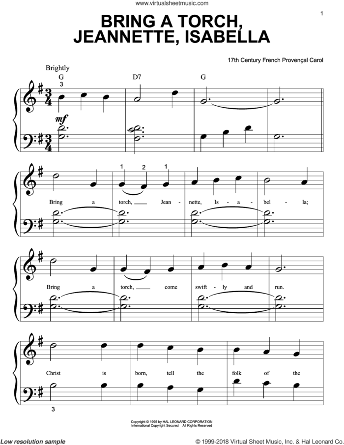 Bring A Torch, Jeannette, Isabella sheet music for piano solo (big note book) by Anonymous and Miscellaneous, easy piano (big note book)