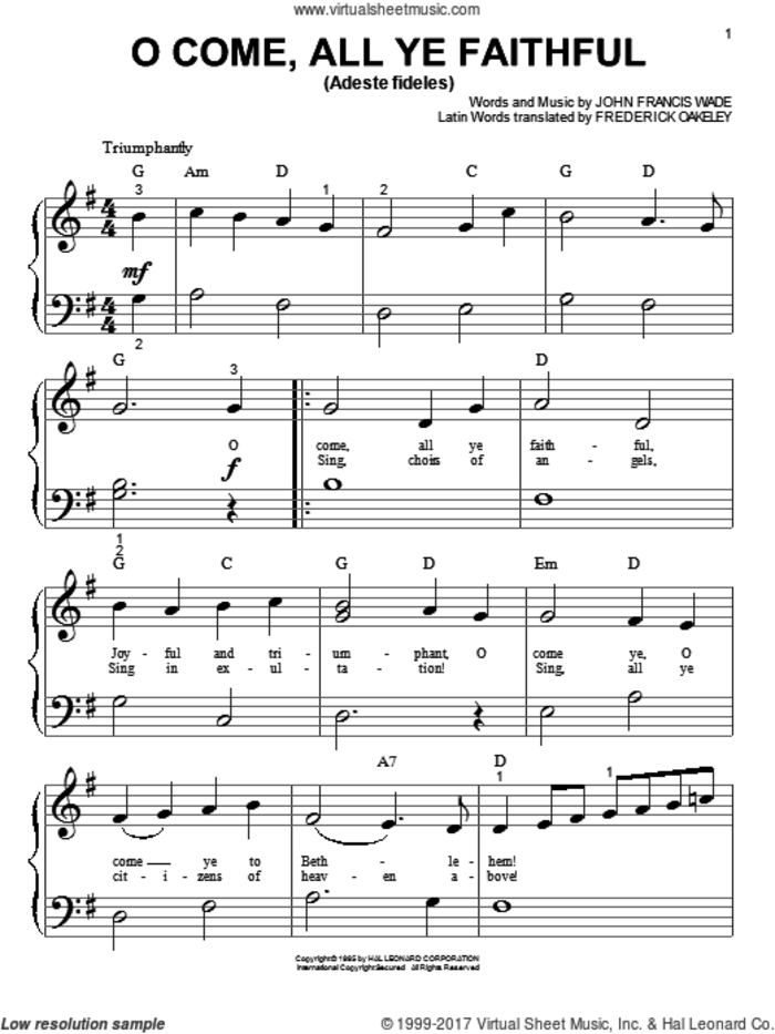 O Come, All Ye Faithful (Adeste Fideles) sheet music for piano solo (big note book) by John Francis Wade and Frederick Oakeley, easy piano (big note book)