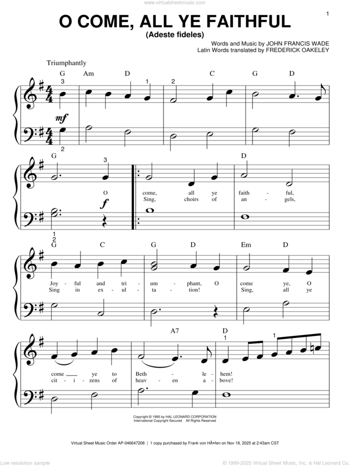 O Come, All Ye Faithful (Adeste Fideles) sheet music for piano solo (big note book) by John Francis Wade and Frederick Oakeley, easy piano (big note book)