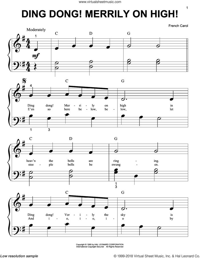 Ding Dong! Merrily On High! sheet music for piano solo (big note book), easy piano (big note book)