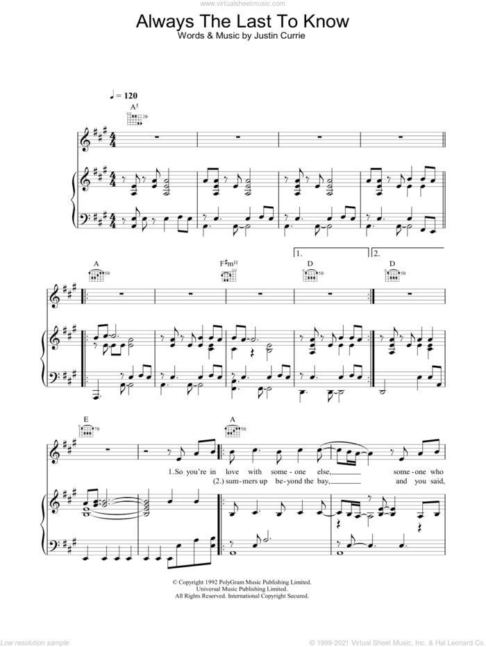 Always The Last To Know sheet music for voice, piano or guitar by Del Amitri and Justin Currie, intermediate skill level
