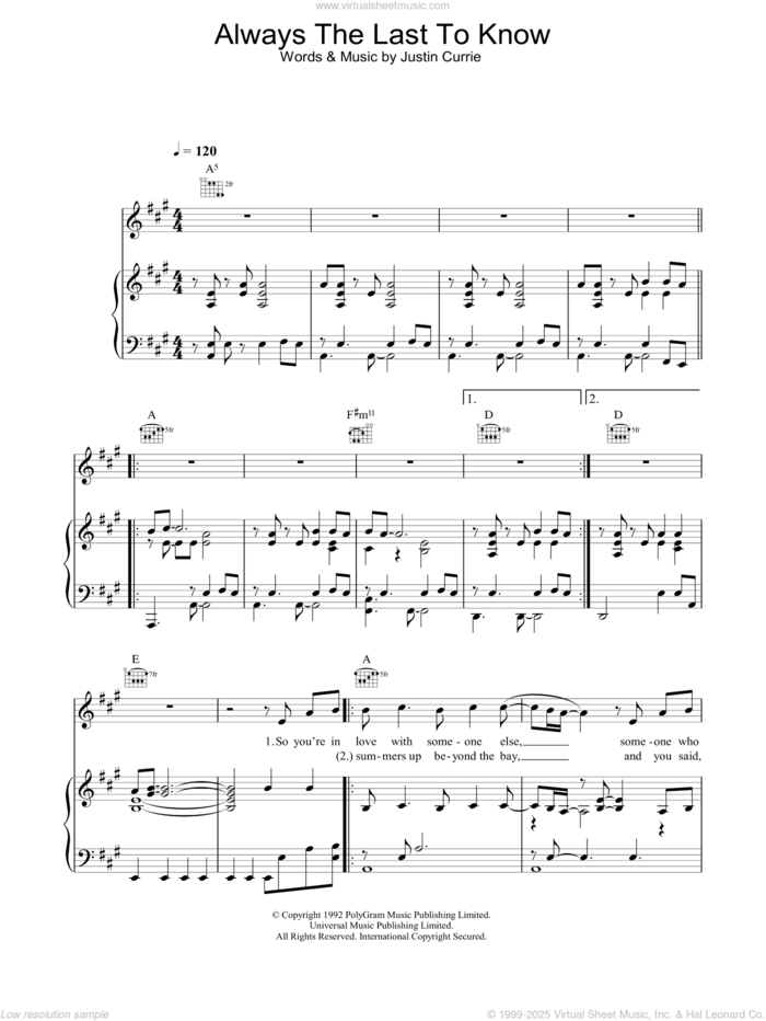 Always The Last To Know sheet music for voice, piano or guitar by Del Amitri and Justin Currie, intermediate skill level