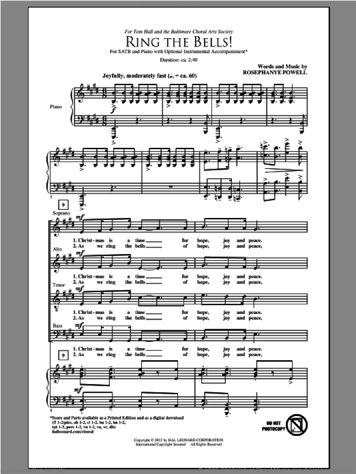 Ring The Bells! sheet music for choir (SATB: soprano, alto, tenor, bass) by Rosephanye Powell, intermediate skill level