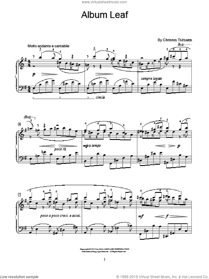 Album Leaf sheet music for piano solo (elementary) by Christos Tsitsaros, beginner piano (elementary)