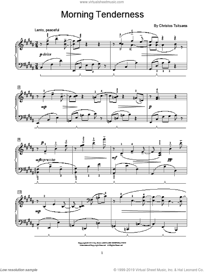 Morning Tenderness sheet music for piano solo (elementary) by Christos Tsitsaros, beginner piano (elementary)