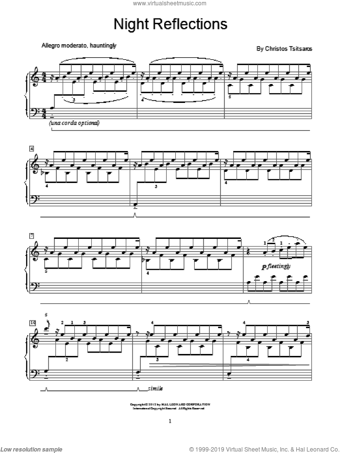 Night Reflections sheet music for piano solo (elementary) by Christos Tsitsaros, beginner piano (elementary)