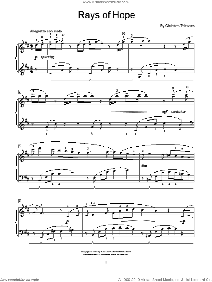 Rays Of Hope sheet music for piano solo (elementary) by Christos Tsitsaros, beginner piano (elementary)