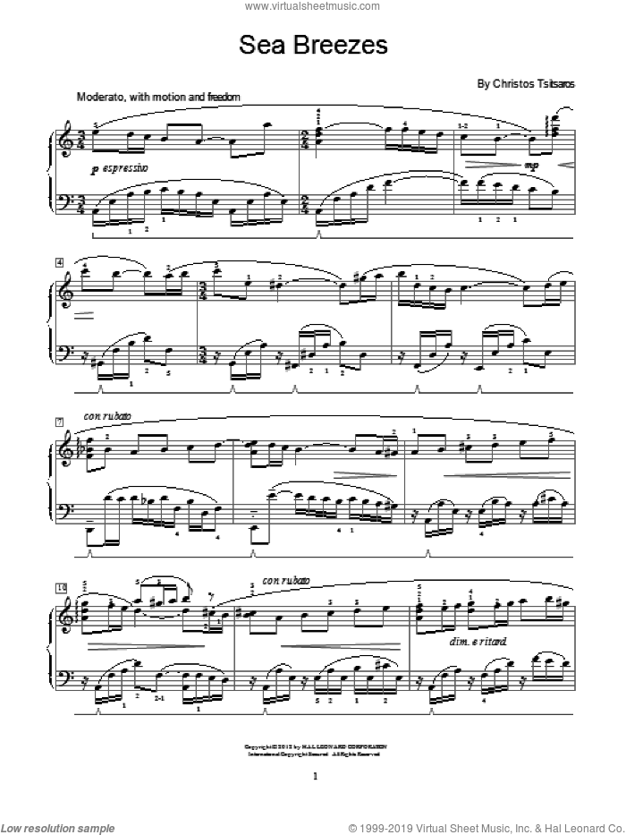 Sea Breezes sheet music for piano solo (elementary) by Christos Tsitsaros, beginner piano (elementary)