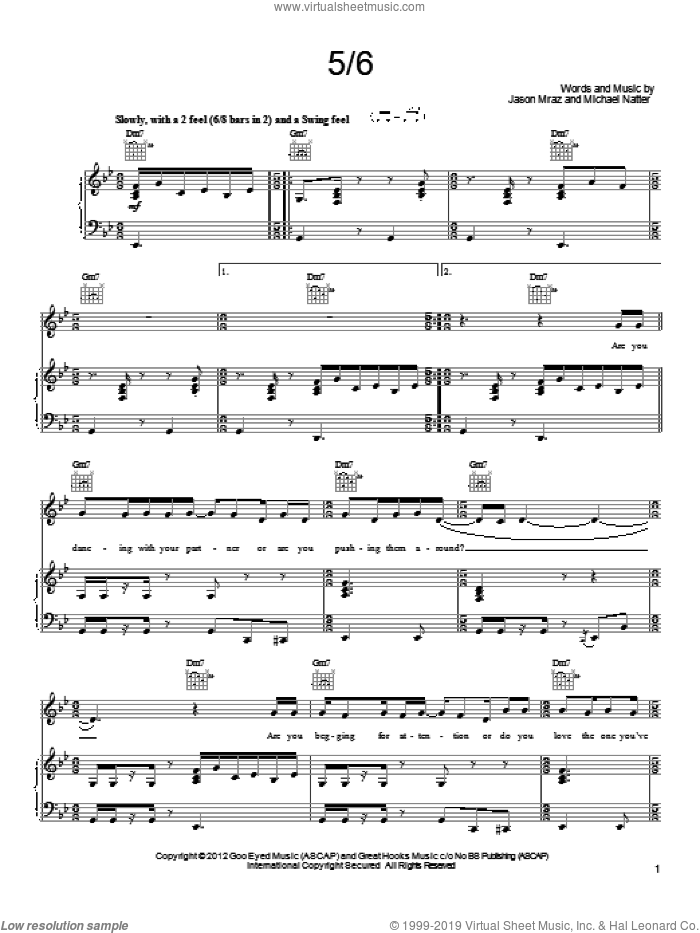 5/6 sheet music for voice, piano or guitar by Jason Mraz and Michael Natter, intermediate skill level