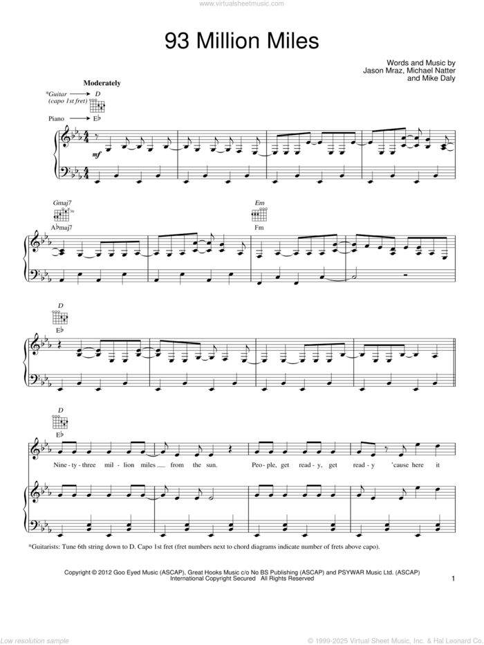 93 Million Miles sheet music for voice, piano or guitar by Jason Mraz, Michael Natter and Mike Daly, intermediate skill level