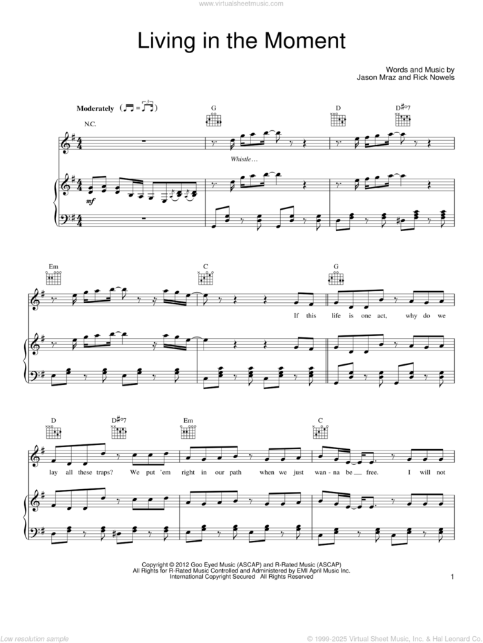 Living In The Moment sheet music for voice, piano or guitar by Jason Mraz and Rick Nowels, intermediate skill level