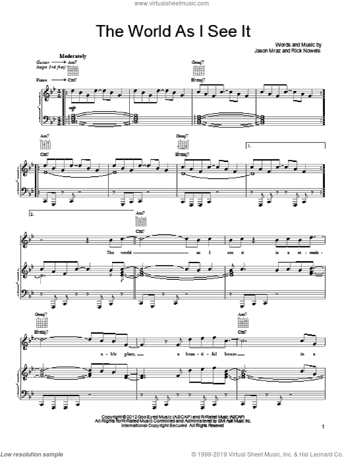 The World As I See It sheet music for voice, piano or guitar by Jason Mraz and Rick Nowels, intermediate skill level