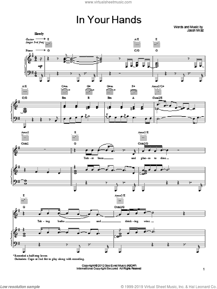 In Your Hands sheet music for voice, piano or guitar by Jason Mraz, intermediate skill level