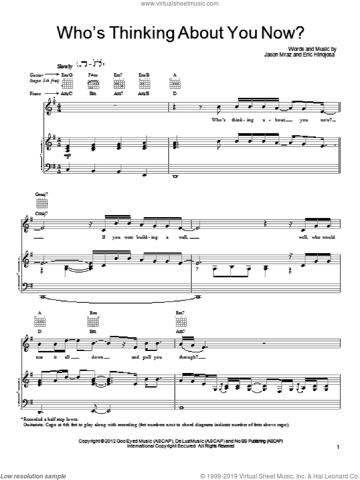 Who's Thinking About You Now? sheet music for voice, piano or guitar by Jason Mraz and Eric Hinojosa, intermediate skill level