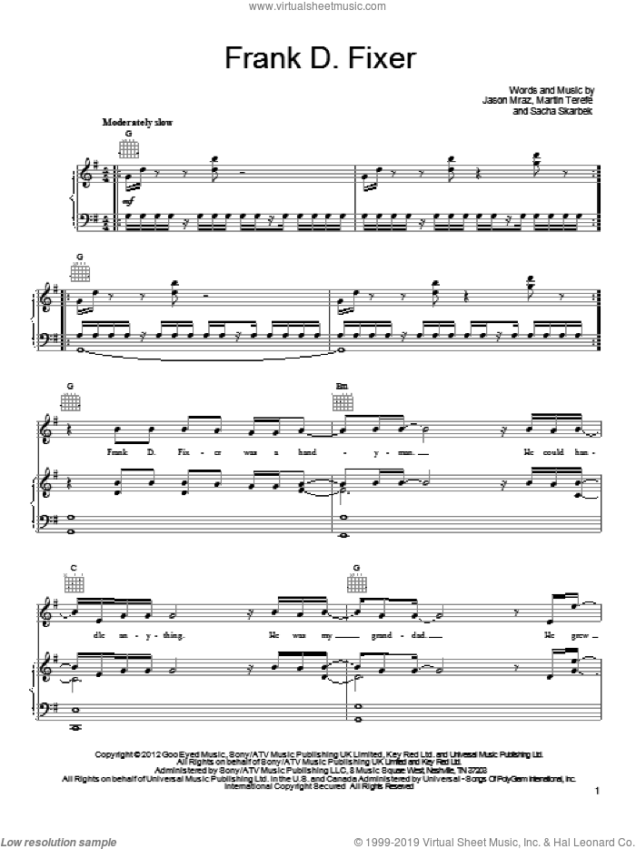 Frank D. Fixer sheet music for voice, piano or guitar by Jason Mraz, Martin Terefe and Sacha Skarbek, intermediate skill level
