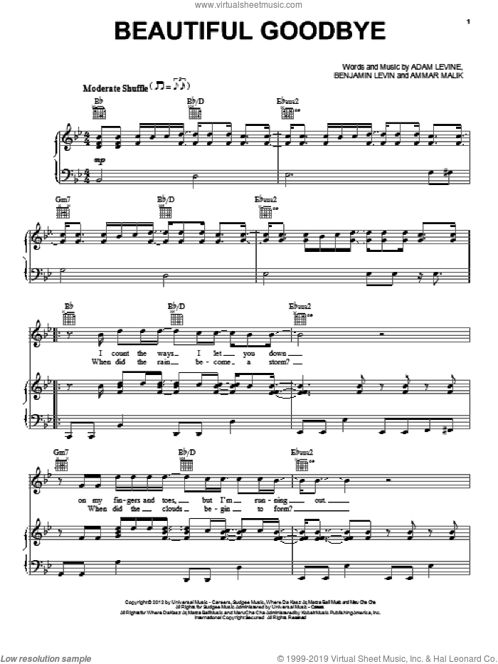 Beautiful Goodbye sheet music for voice, piano or guitar by Maroon 5, Adam Levine, Ammar Malik and Benjamin Levin, intermediate skill level