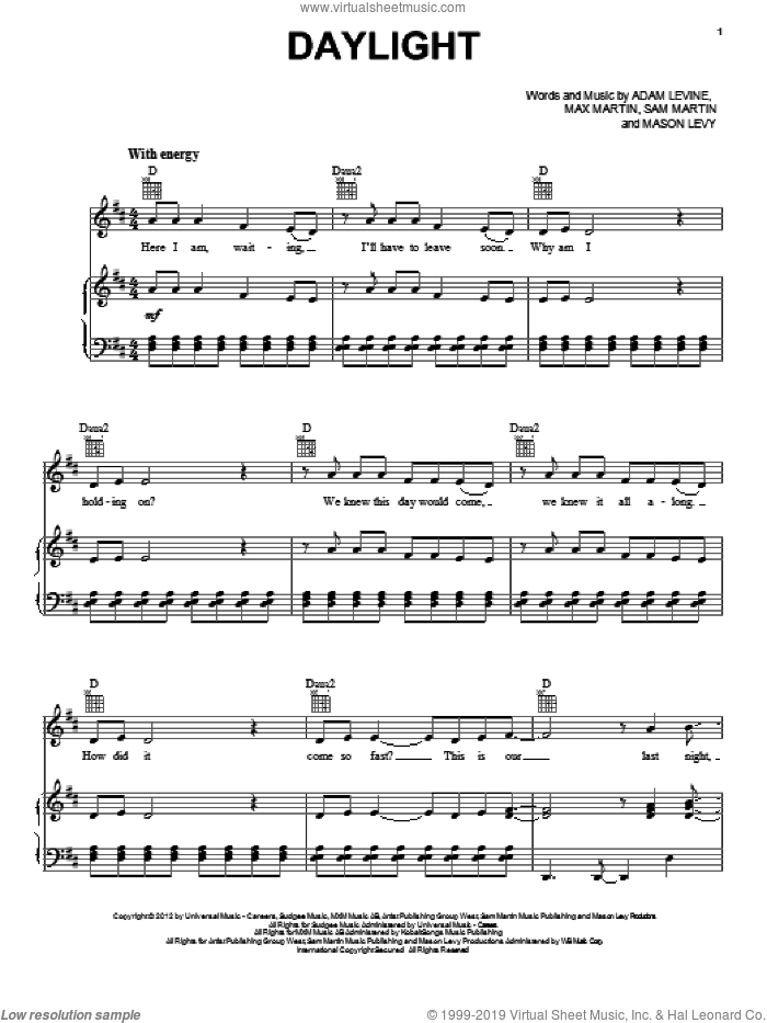 Daylight sheet music for voice, piano or guitar by Maroon 5, Adam Levine, Mason Levy, Max Martin and Sam Martin, intermediate skill level