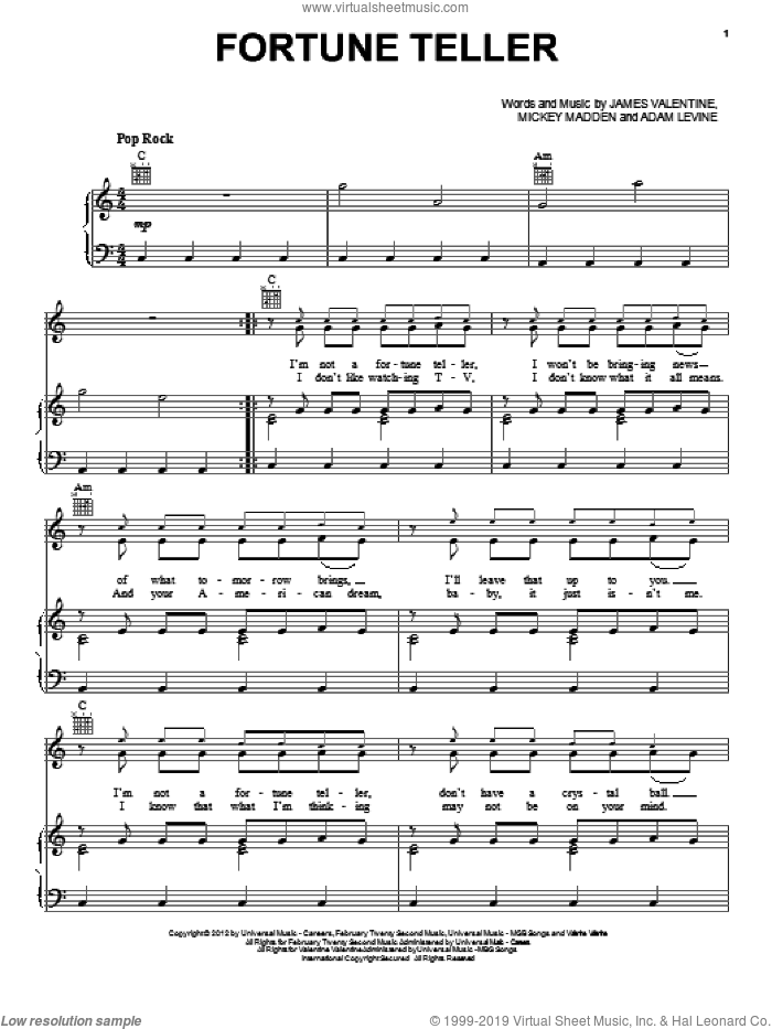 Fortune Teller sheet music for voice, piano or guitar by Maroon 5, Adam Levine, James Valentine and Michael Madden, intermediate skill level