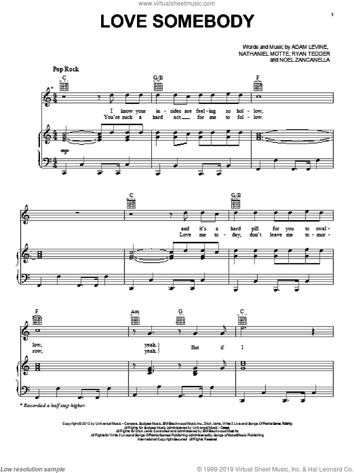 Love Somebody sheet music for voice, piano or guitar by Maroon 5, Adam Levine, Nathaniel Motte, Noel Zancanella and Ryan Tedder, intermediate skill level