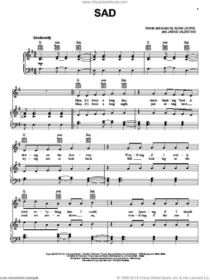 Sad sheet music for voice, piano or guitar by Maroon 5, Adam Levine and James Valentine, intermediate skill level