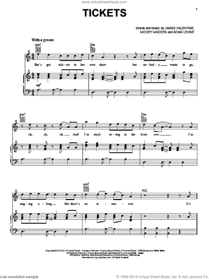 Tickets sheet music for voice, piano or guitar by Maroon 5, Adam Levine, James Valentine and Michael Madden, intermediate skill level