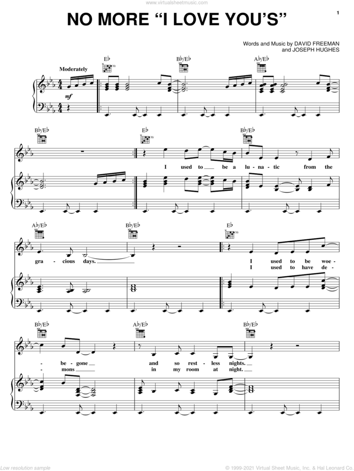No More 'I Love You's' sheet music for voice, piano or guitar by Annie Lennox, David Freeman and Joseph Hughes, intermediate skill level