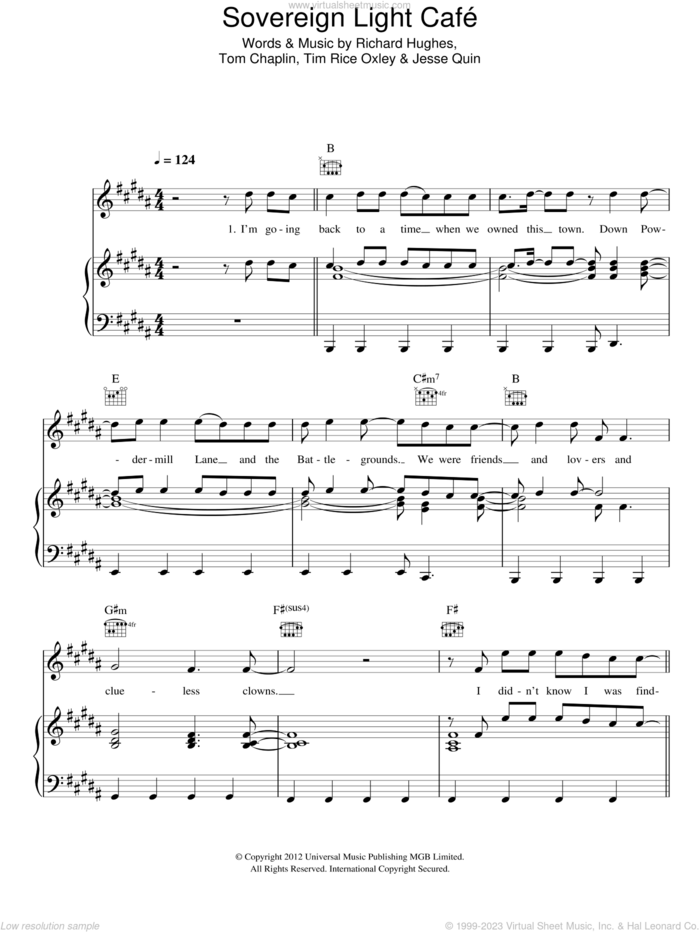 Sovereign Light Cafe sheet music for voice, piano or guitar by Tim Rice-Oxley, Jesse Quin, Richard Hughes, Tim Rice Oxley and Tom Chaplin, intermediate skill level