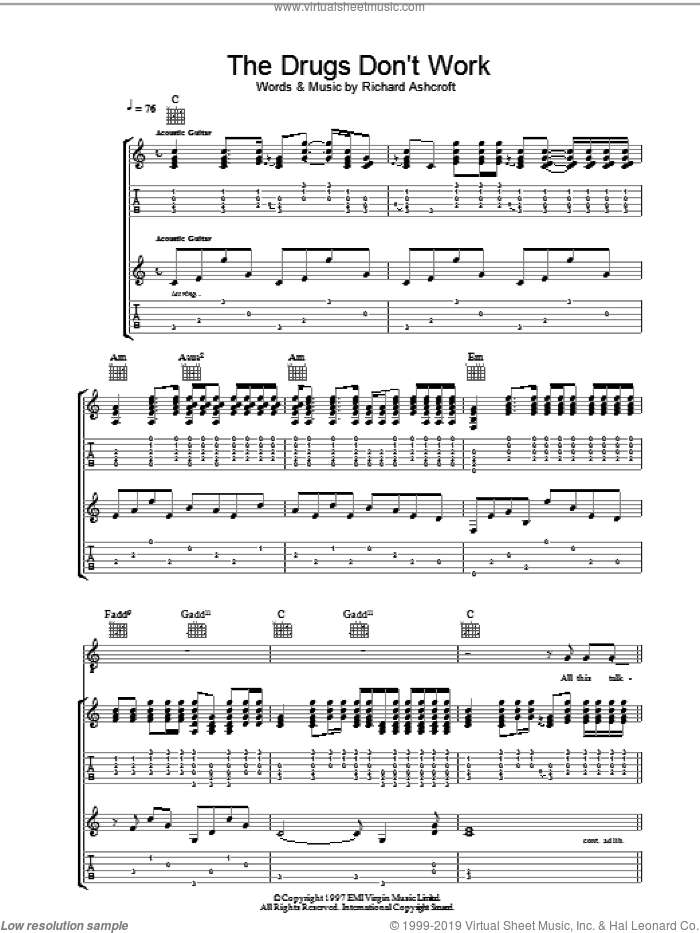 The Drugs Don't Work sheet music for guitar (tablature) by The Verve and Richard Ashcroft, intermediate skill level