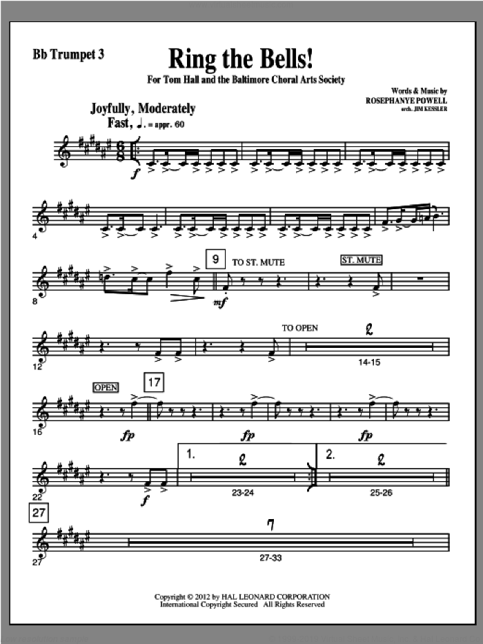 Ring The Bells! sheet music for orchestra/band (Bb trumpet 3) by Rosephanye Powell, intermediate skill level