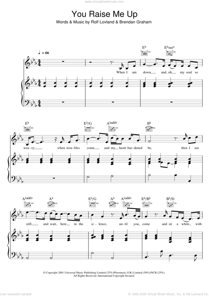 You Raise Me Up sheet music for voice, piano or guitar by Westlife, Josh Groban, Ronan Tynan, Secret Garden, Brendan Graham, Rolf LAuvland and Rolf Lovland, wedding score, intermediate skill level