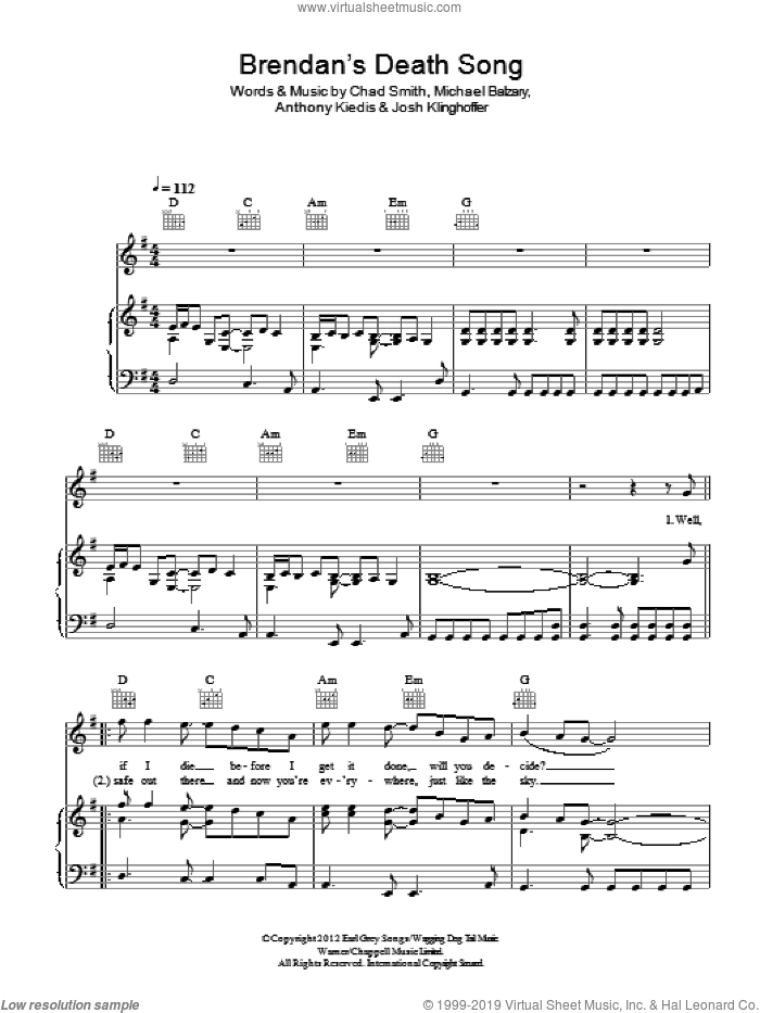 Brendan's Death Song sheet music for voice, piano or guitar by Red Hot Chili Peppers, Anthony Kiedis, Chad Smith, Josh Klinghoffer and Michael Balzary, intermediate skill level