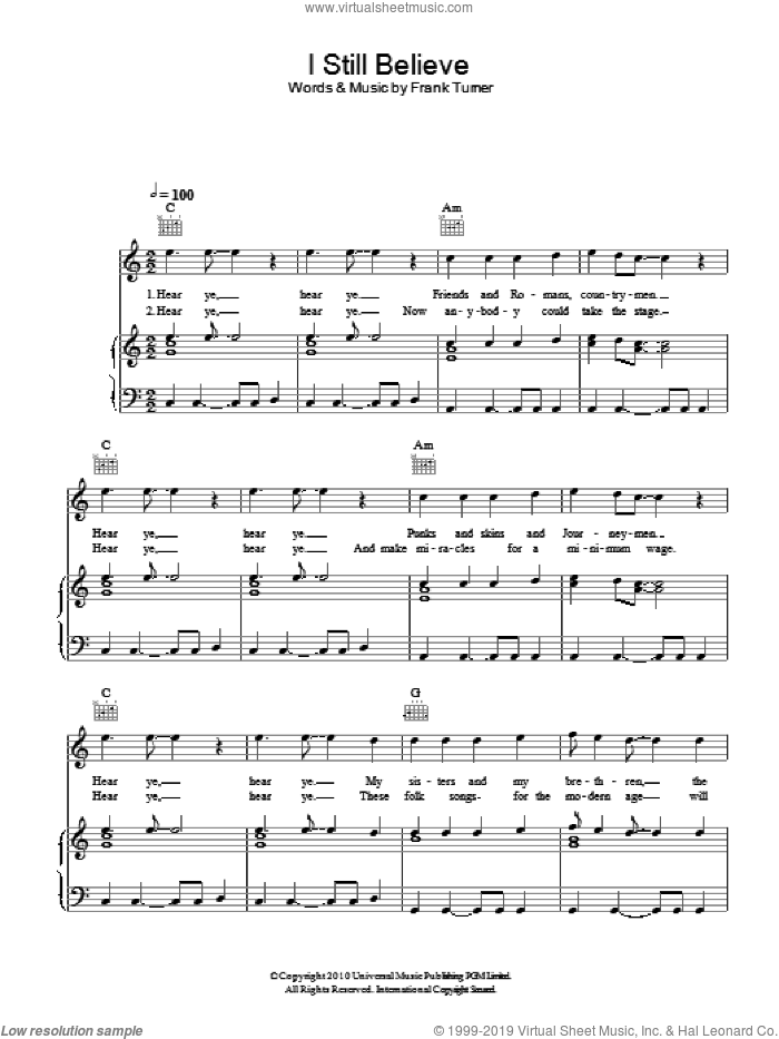 I Still Believe sheet music for voice, piano or guitar by Frank Turner, intermediate skill level